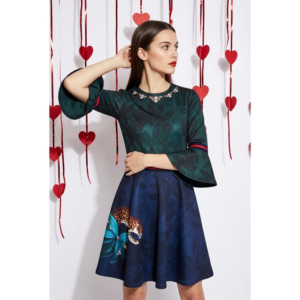 Ted Baker London 2 Emileen Skater Dress Green Blue Bee Floral Whimsigoth